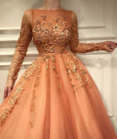 Long Sleeves Evening Dresses Scoop Neckline Party Gown Lace Beaded Tulle A-Line Dubai Formal Prom Dress